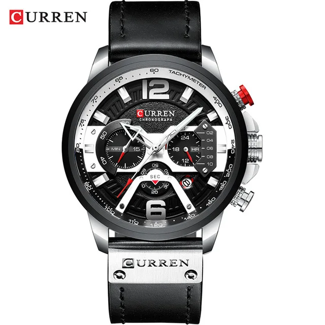 CURREN 8329 повседневные спортивные часы для мужчин Топ бренд Роскошные военные кожаные Наручные часы мужские часы модные наручные часы с хронографом - Цвет: silver black