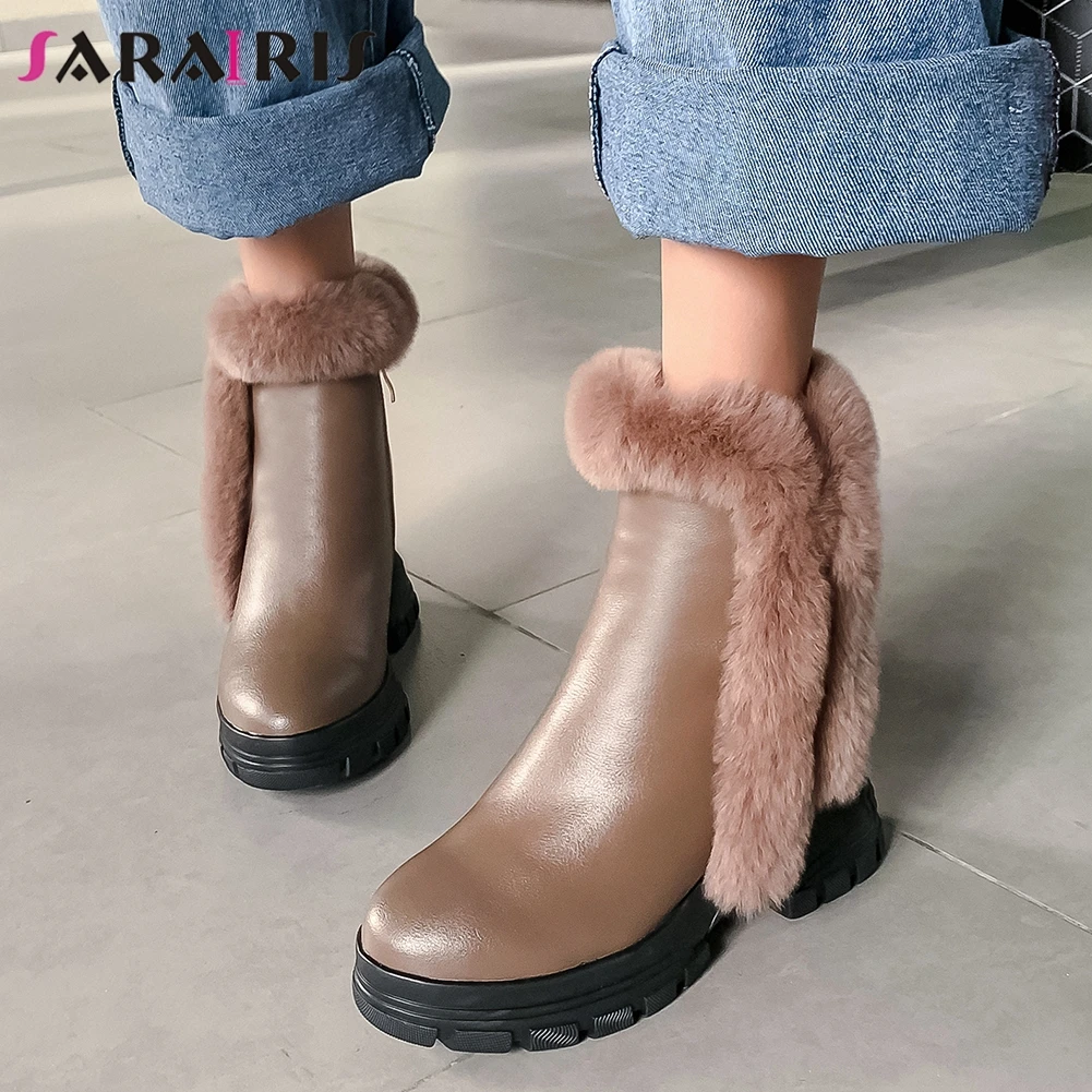 

SARAIRIS New Genuine Leather Elegant Wedges High Heels Booties Ladies Platform Ankle Boots Women Winter Warm Fur Shoes Woman