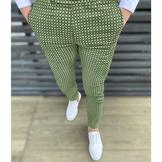 New Plaid Spot Pants For Men Fashion Business Casual Long Trousers Men Suit Pants Wedding Party Dress Social Clothing Breathable Green