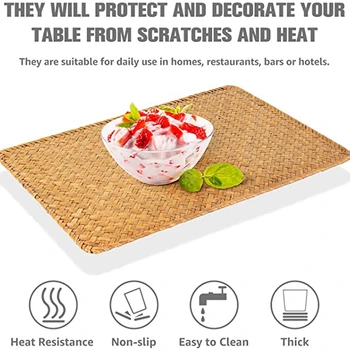 

CSS 6 Pieces of Natural Woven Rattan Rectangular Placemat Tea Mat Napkin Picnic Mat for Dining Table and Kitchen Table Mat