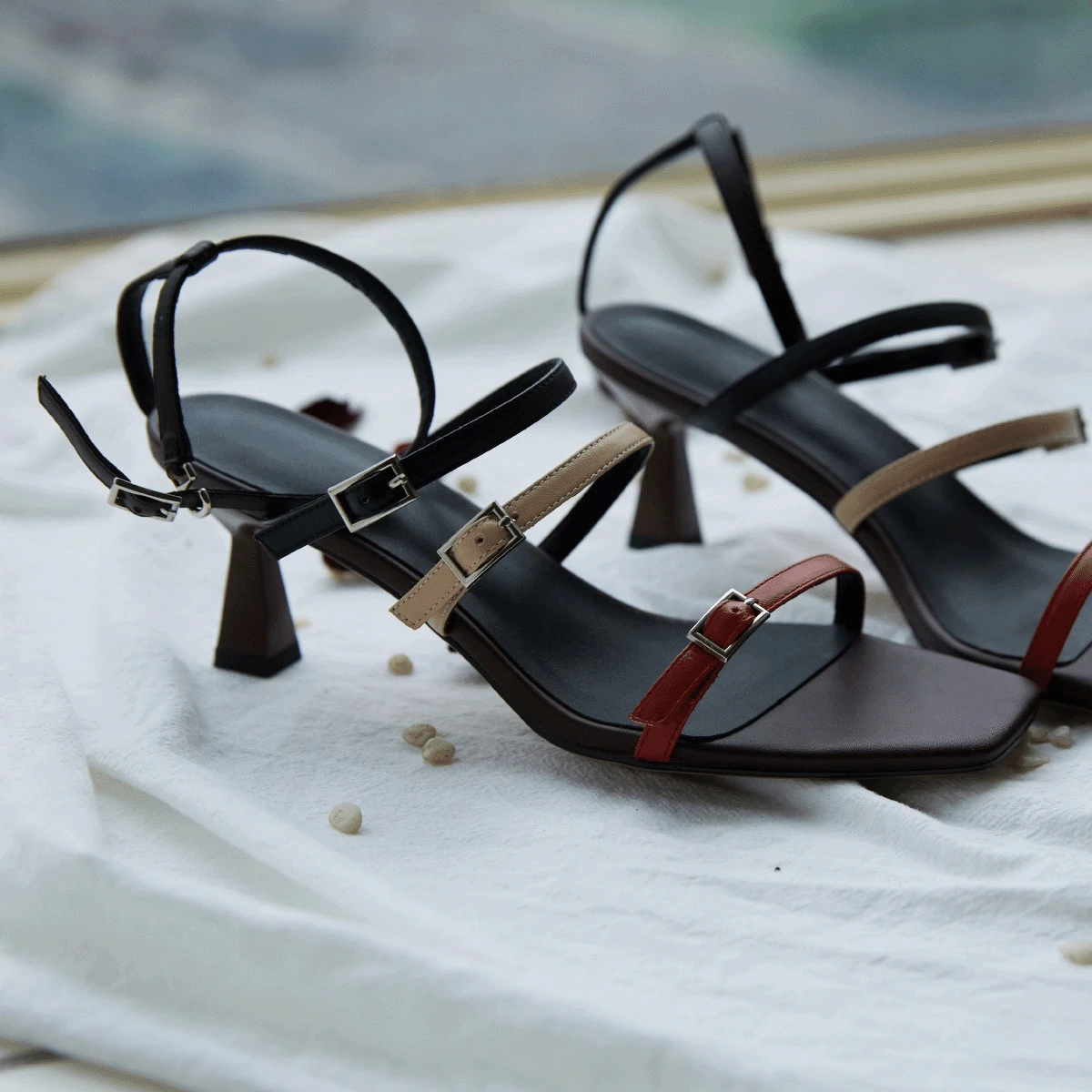 

2019 Summer New Style Korean-style Fashion Thin Drawstring Square Head Peep-Toe yi xing gen High Heel Shoes Mixed Colors Strap S