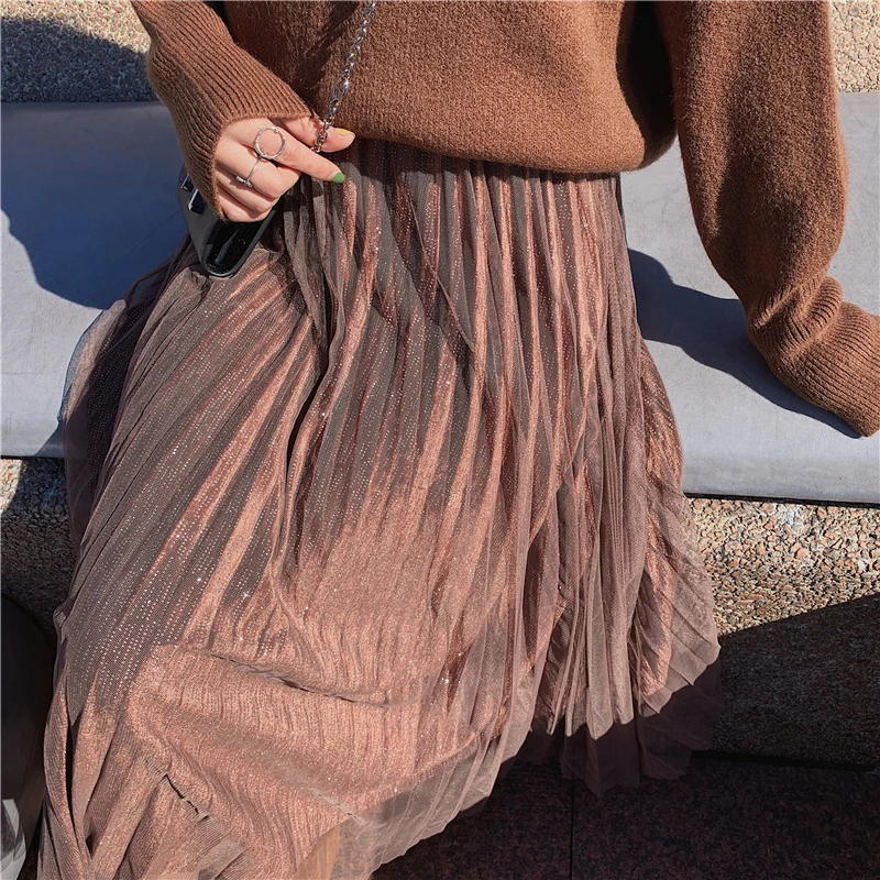 Весна осень новая бархатная юбка для женщин Зимний свитер средней длины Высокая талия сетка плиссированная длинная кружевная юбка
