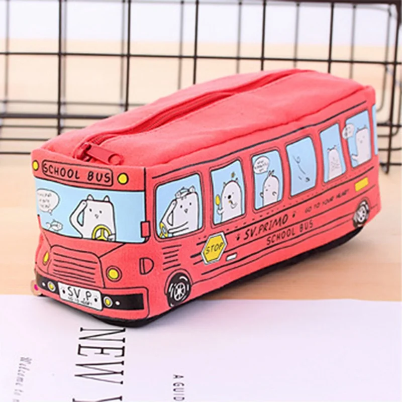 Creative Cute Small Animal School Bus Stationery Canvas Pencil Case Organizer Pencil Bag Gift Office School Stationery Supply - Цвет: RD