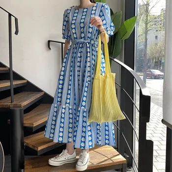 

Korean Style Long Dress Women Short Sleeve Cotton Print Ladies Dress Summer New 2020 Fashion Women Clothing T698