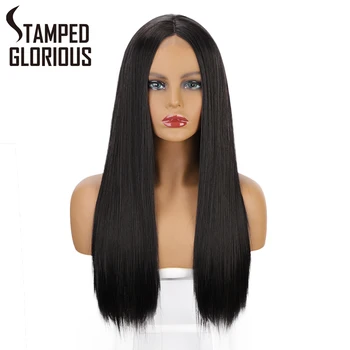 

Stamped Glorious Black Straight Wig with Area Lace Long Ombre Blonde Synthetic Wigs for Women Middle Division Natural Hairline