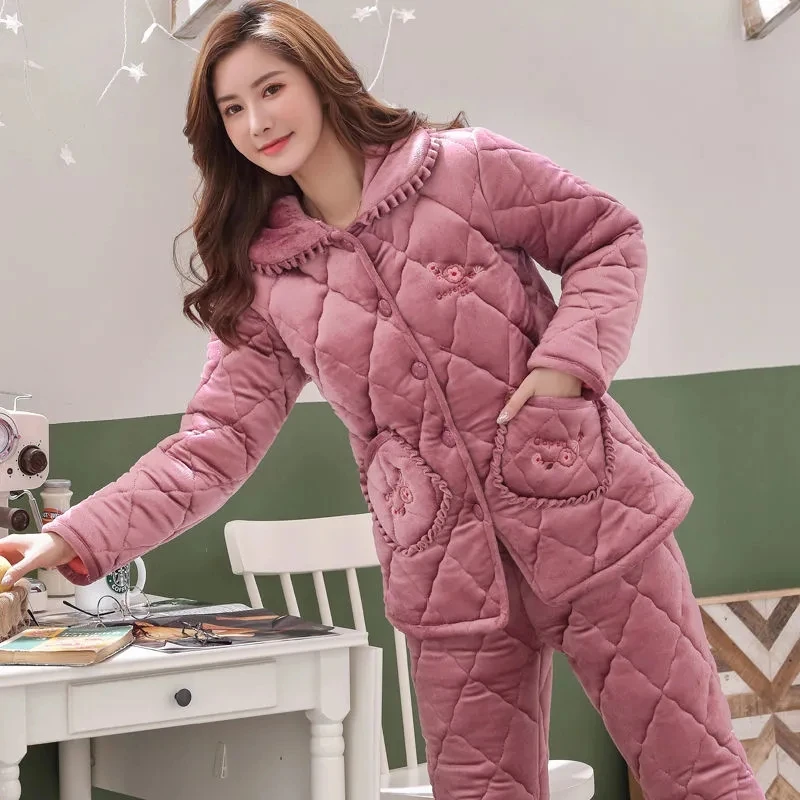 Women Winter Warm Flannel Pyjamas Suit Thick Coral Fleece Top+