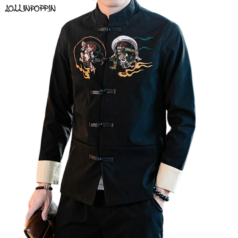 

Chinese & Japan Style Men Phoenix Embroidery Jacket 2020 Spring Mandarin Collar Frog Closure Black Coat Mens Tang Jacket
