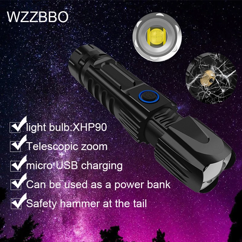 

XHP90 Flashlight Led rechargeable Lamp Powerful Waterproof Zoomable USB 26650 Battery olight torch lighter tactical flashlight