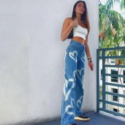 Jean rétro imprimé en forme de cœur, ample, taille haute, Slim, jambes droites, décontracté, Style de rue, nouvelle collection automne et hiver 