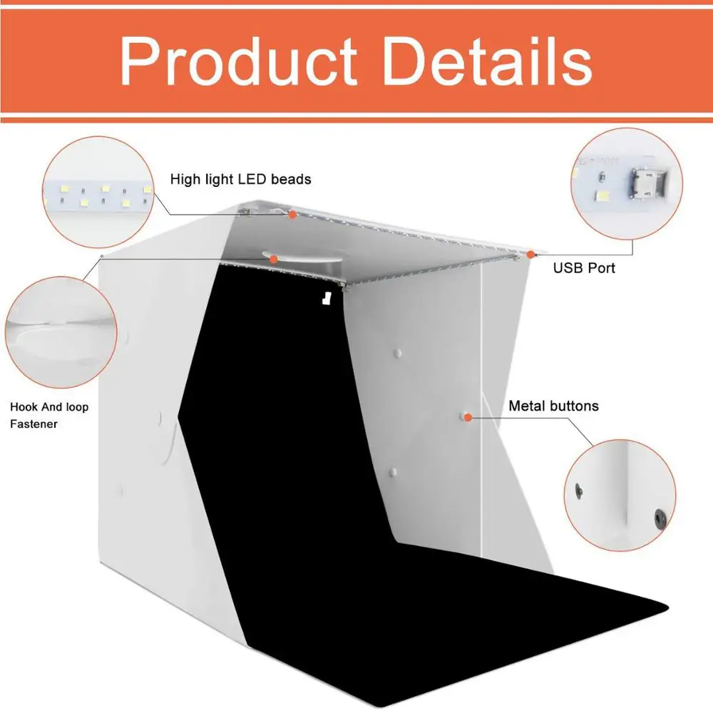TREKOO Mini Portable Photo Studio Box Adjustable Brightness LED Strips and 6 Color Backdrops Small Foldable Photography Light Shooting Tent Kit with Top Hole 