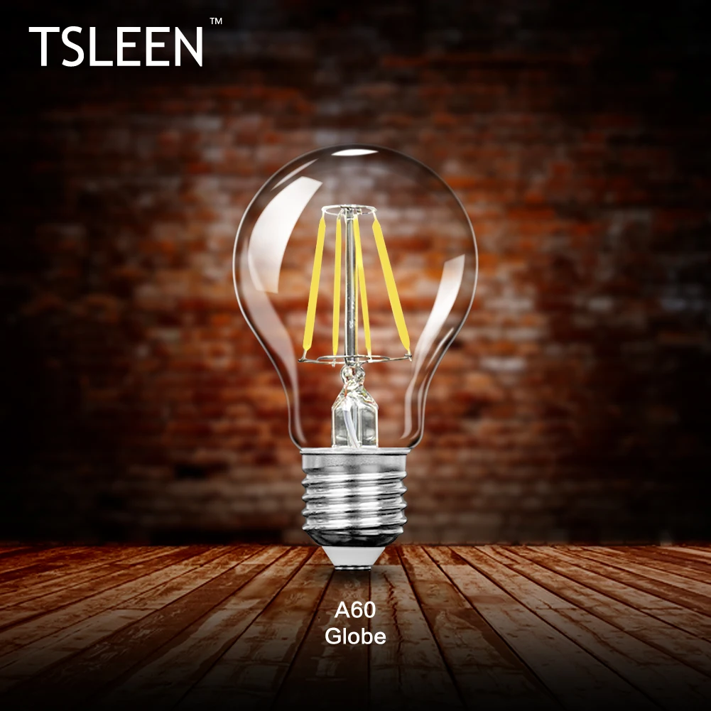 TSLEEN AC 220V Dimmable Filament Light Ancient Edison COB LED Bulb E27 Screw Lamps Vintage Warm Cool Light Lamps For Indoor Home - Испускаемый цвет: A60  16W