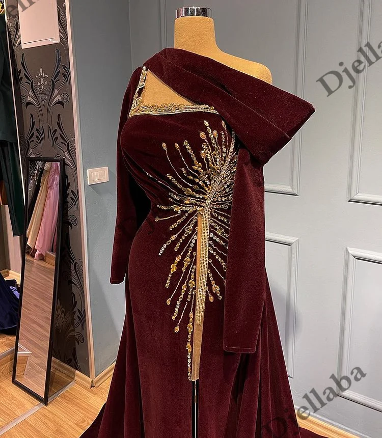 Evening Dresses Red Wine Boat Neck Long Sleeve Dress Velour Crystal Beading Mermaid Evening Gown Detachable Train For Woman  Luxury Prom Dresses evening wear