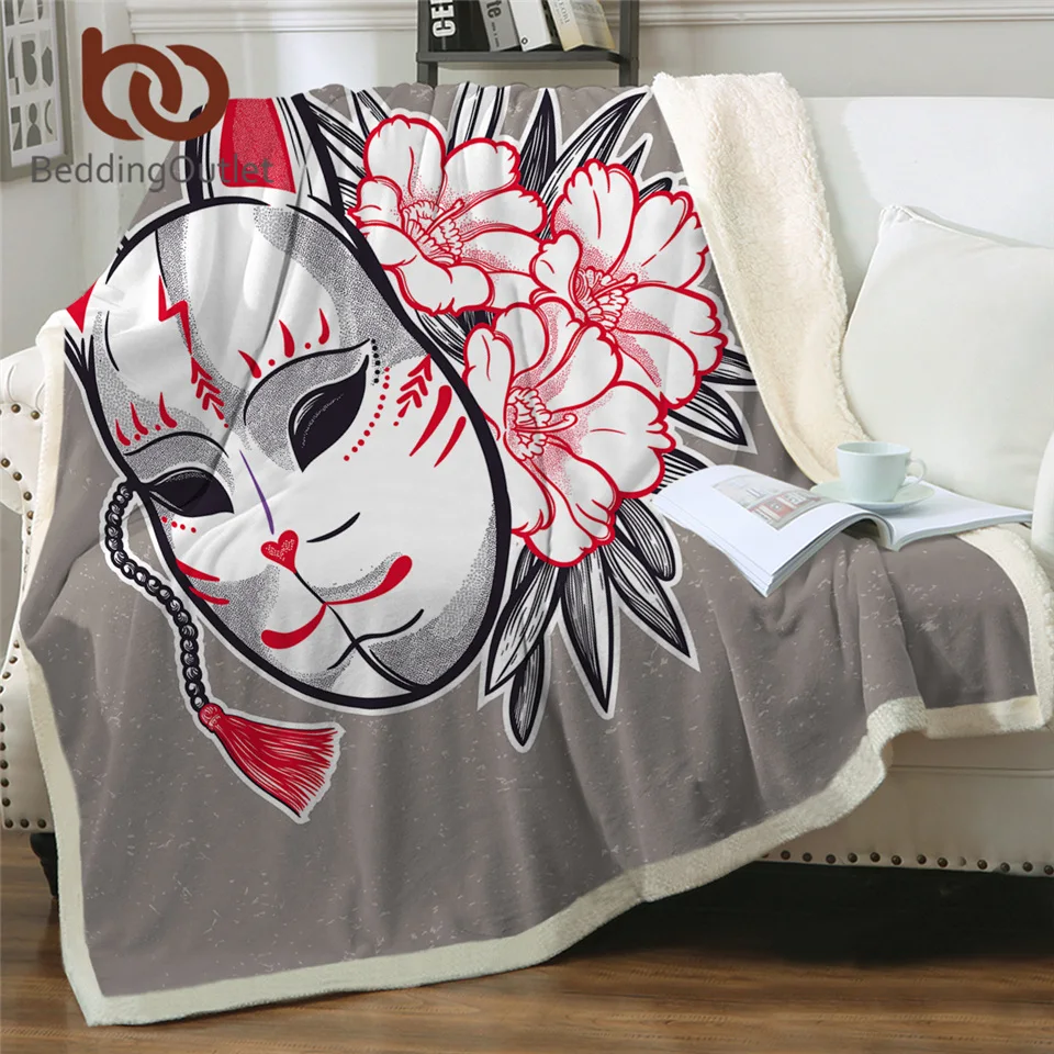 BeddingOutlet одеяло из лисы и шерпы, японская маска, пушистое одеяло с цветами, розовое одеяло, серое плюшевое покрывало, цветочное постельное белье, Прямая поставка