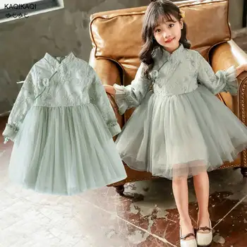 

Long Sleeve Girl Dress Lace Flower 2019new Cheongsa Kids Wedding Princess Party Pageant Girl Clothes Chinese Style Retro-Chinese