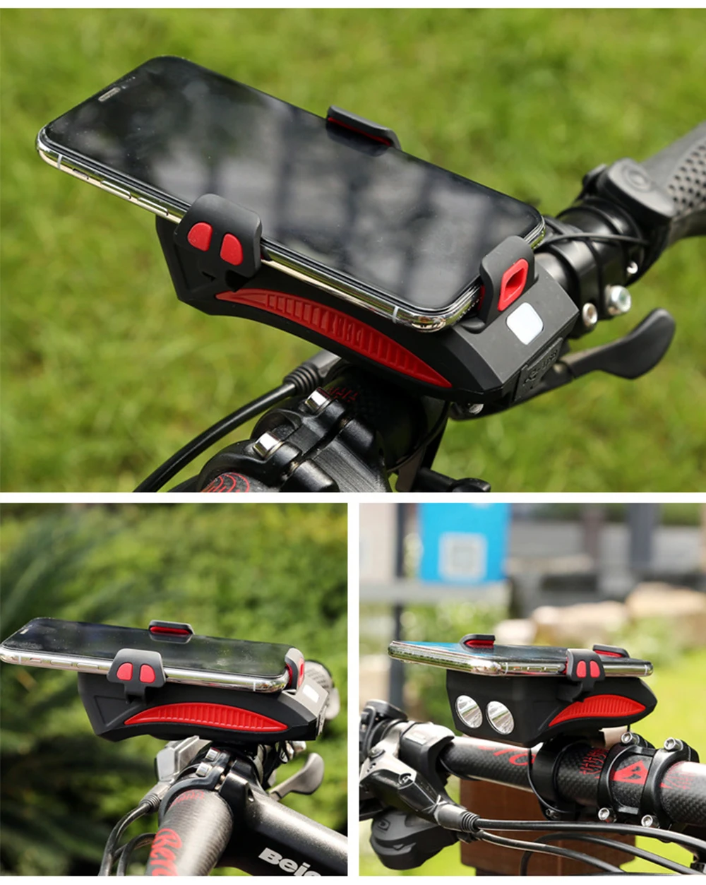 3 In 1 Bike Light USB Highlight Bicycle Phone Holder Light Cycling Horn Led Light Power Bank Mobile Phone Bracket Rechargeable