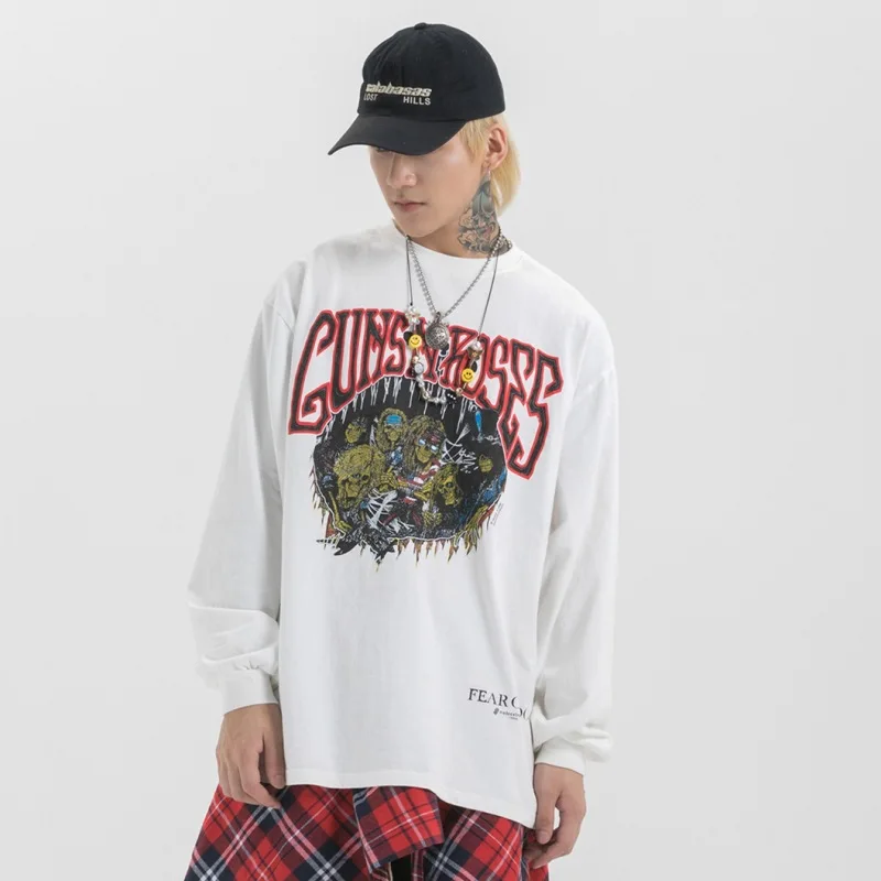 Марка New Fashion Hi Street футболка с принтом Мужская в стиле панк-рок; футболка с длинным рукавом в стиле ретро Повседневное хлопковые футболки мужской R2060 - Цвет: white