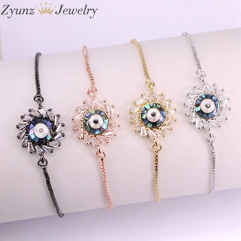 

10PCS, Cubic Zirconia Crystal Bracelet Link Jewelry CZ Micro Pave Charm Abalone Shell Flower Bracelet For Women Girl