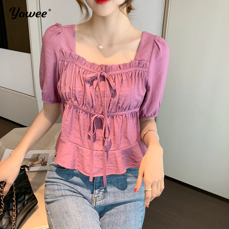 Блузка с квадратным воротником и короткими рукавами пурпурная летняя верхняя