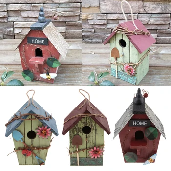 

3 x Hand-painted Wooden Birdhouse with Jute Cord Home Outdoor Garden Decoration