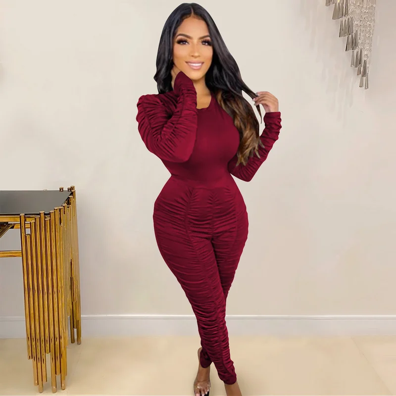 Solid 2 Piece Set Women 2021 Casual Full Pleated Sleeve O-Neck Top+Skinny Stacked Pants Suits Fitness Activewear Elastic Outfits