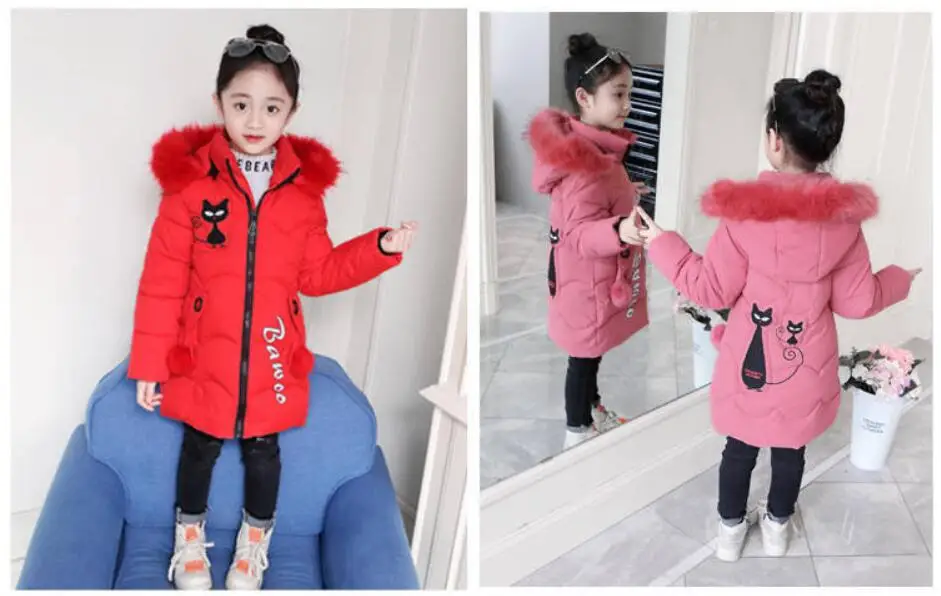 Зимняя Детская куртка для девочек, плотное длинное теплое пальто детские модные куртки для кошек, верхняя одежда с меховым воротником для девочек детские зимние парки