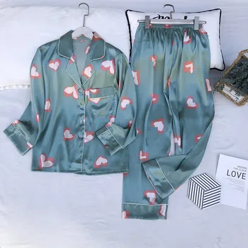 

Pajamas Ladies Long Sleeve Autumn Thin Ice Silk Korean Version of the Printing Lapel Clothing Silk Leisure Two-Piece Set