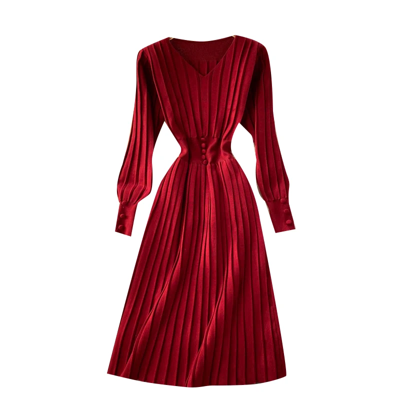 Autumn Winter Vintage Women's Knitted Dress 2020 Elegant V-Neck Temperament Long Sleeve Stripe Sweater Dress Female