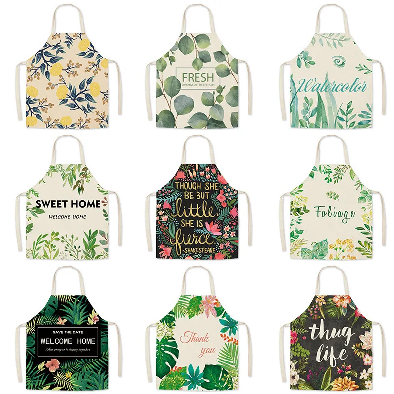 Nordic Style Aprons Plant Flower Printed Kitchen Aprons For Women Linen Bibs Household Cleaning Pinafore Home Cooking Tools