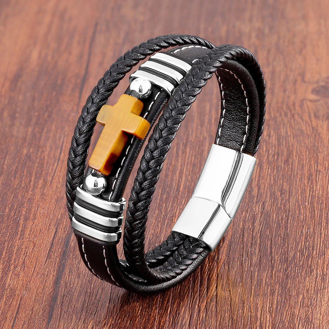 Natural Stone Cross Men Bracelet Multilayer Woven Leather Cord