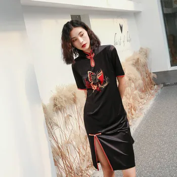 

Plus Size 3XL Black Sexy High Split Chinese Style Women Cheongsam Daily Dress Printed Vintage Handmade Button Stage Show Qipao