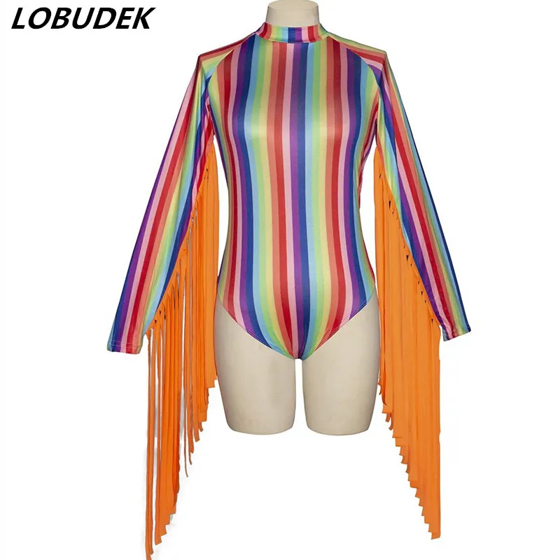 

Nightclub Women Singer DJ DS Stage Wear Rainbow Color Striped Tassel Bodysuit Stretch Skinny Tights Fringed Leotard Dance Outfit
