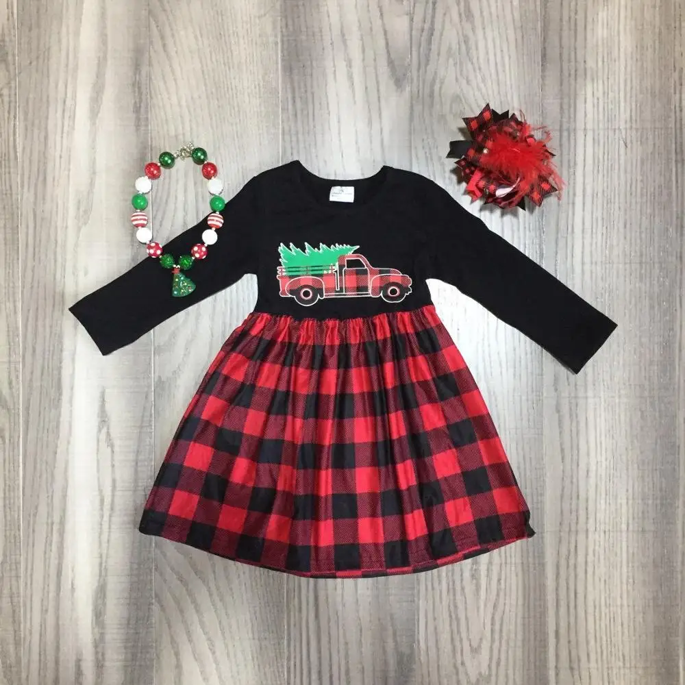 Рождественское платье для маленьких девочек, платье с рисунком грузовика и дерева для девочек, милое клетчатое платье с аксессуарами для девочек
