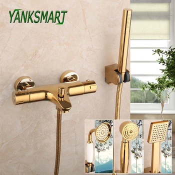 

YANKSMART Luxurt Golden Thermostatic Shower Faucet Bathroom Handle Bath Shower Combo Set Mixer Tap Wall Mounted Bathtub Taps