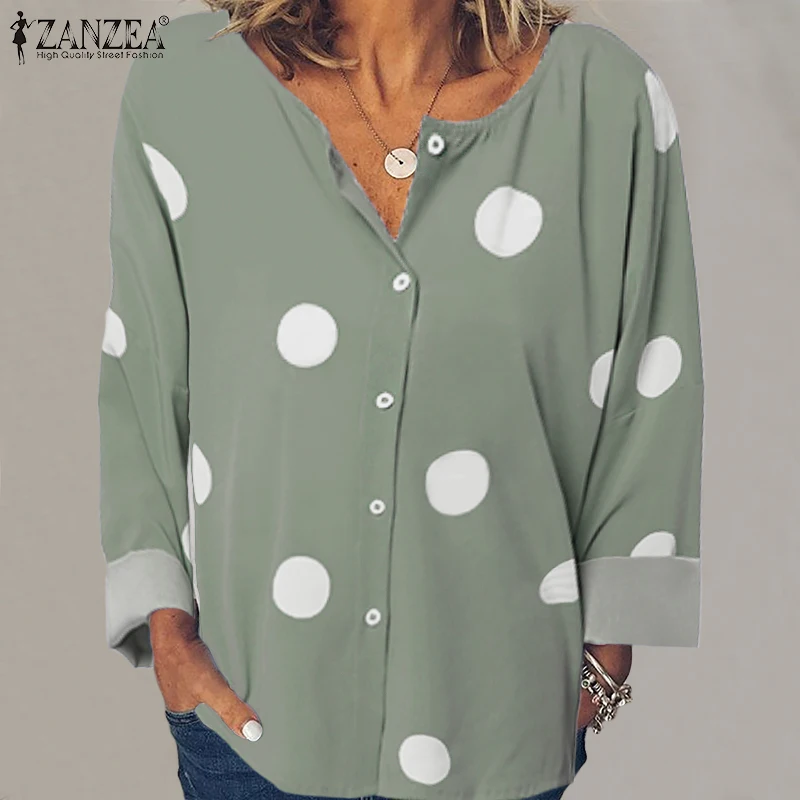  Plus Size Tunic Women's Print Blouse ZANZEA 2019 Autumn Casual Long Sleeve Shirt Stylish Polka Blus