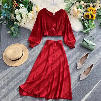 

Fashion women 2 piece set new 2019 autumn outfit sexy v-neck ctop top blouse + slim a-line skirt suits woman tracksuit clothes