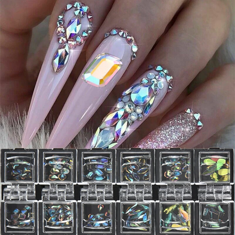 

12 grids/box shiny AB diamond gemstone nail sequin 3D crystal rhinestone glass nail art decoration nail jewelry