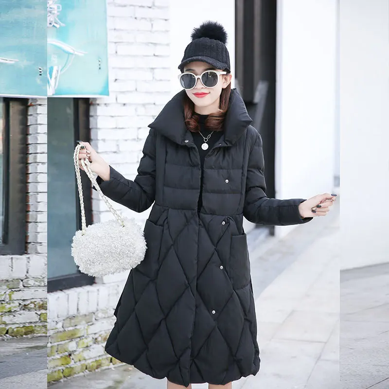 

Down Feather Cotton-padded Clothes Women's 2018 Winter New Style Lace-up Waist Hugging Slim Fit qun bai shi Coat Ladies' Fashion