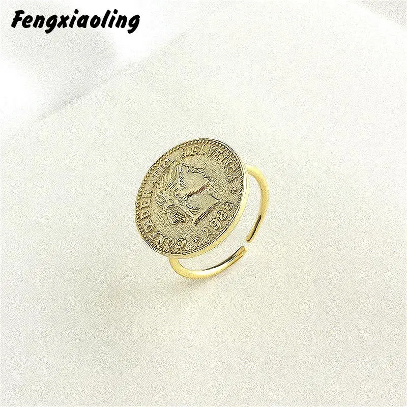 

Fengxiaoling Really 925 Sterling Silver Golden Silver Coin Portrait Open Rings For Women European Style Round Rings Jewelry