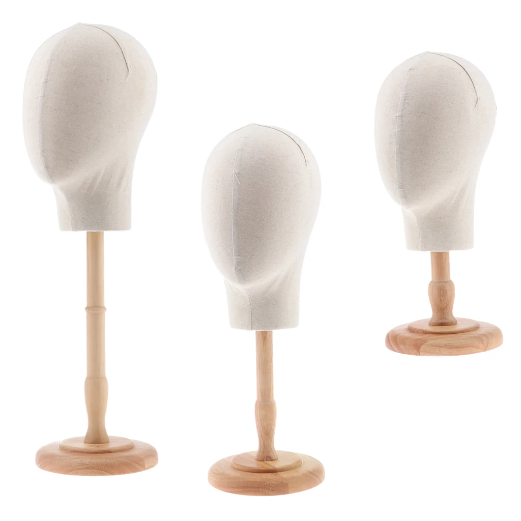3pcs Hair Wigs Extension Making Hats Caps Display Fiberglass with Canvas Mannequin Head Model + Detachable Wood Stand