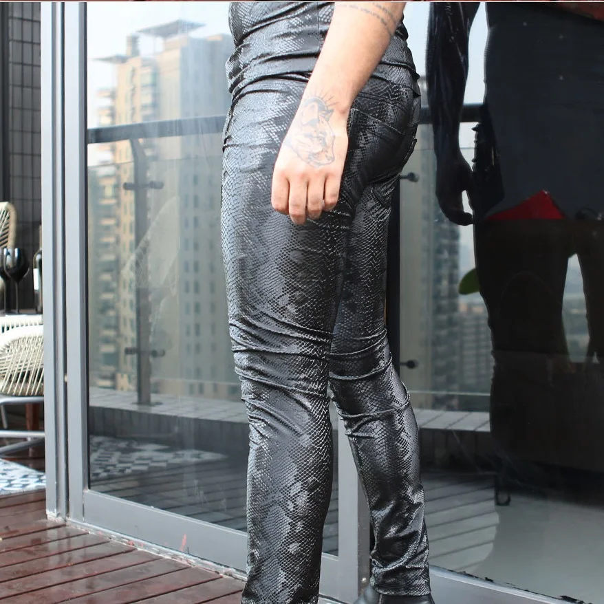 Men PU Leather Lining Fleeces Skinny Snakeskin Grain Punk Pencil Pants Winter Casual Trousers Velvet Fabrics Motorcycle Leggings
