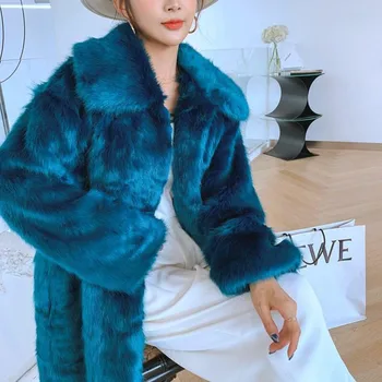

2019 Winter Turn-down Collar Hairy Shaggy Faux Fox Fur Coat Vintage Long sleeve Furry Faux Fur Women Jacket Long Outerwear