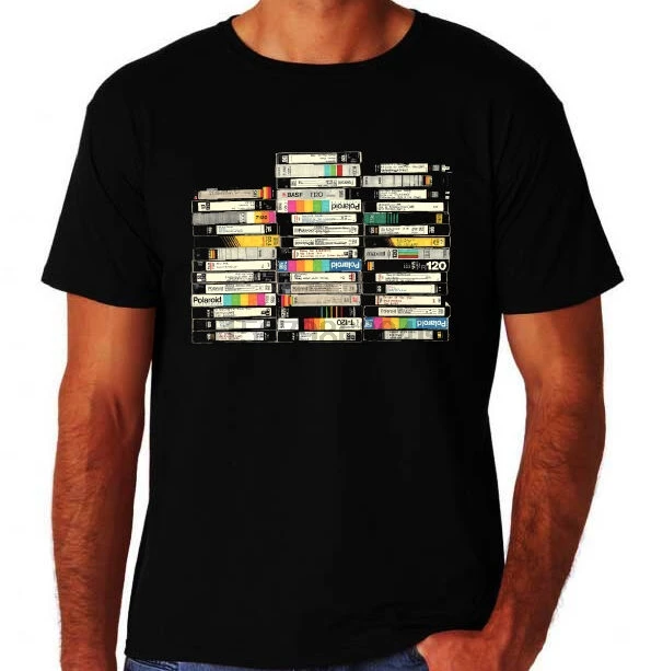 Retro VHS Video Cassette Tape Stack 80s Party Costume Movie Geek Black T-Shirt | Мужская одежда