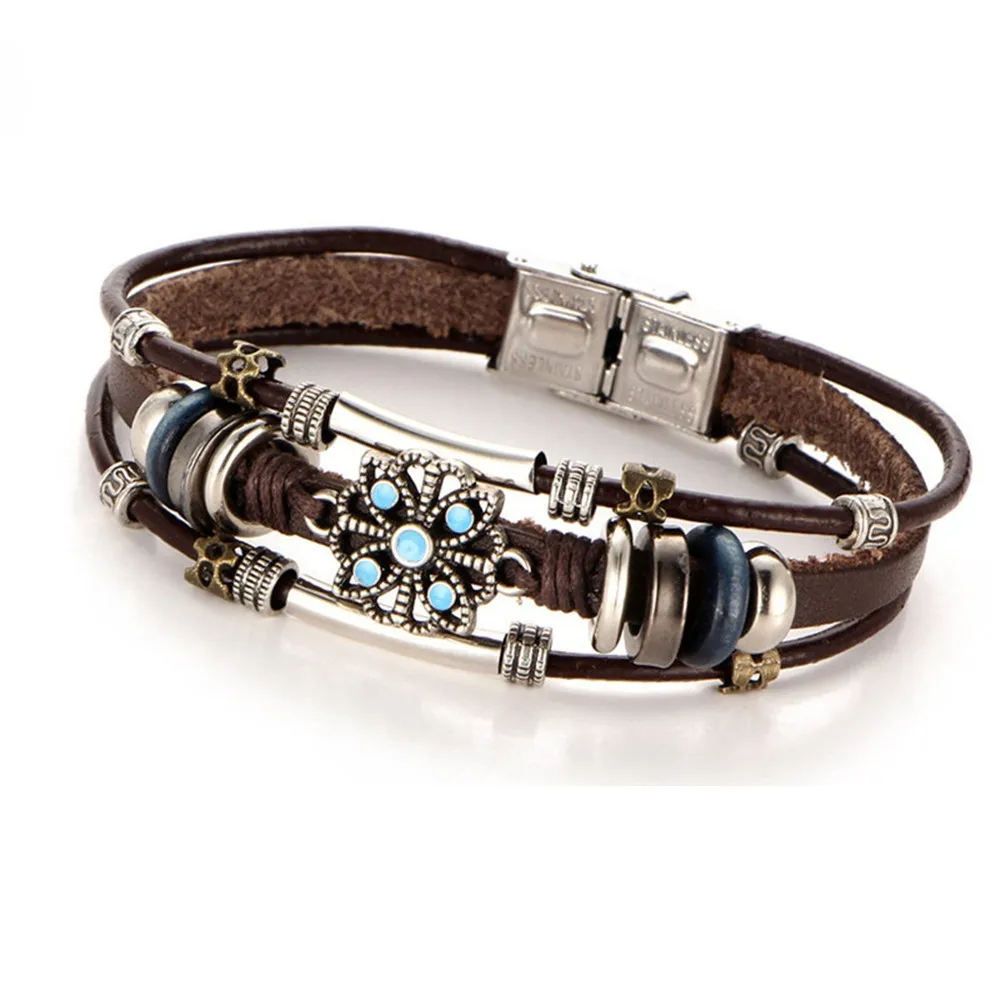 Leather Bracelet Creative Retro Punk Wind Inlaid Oval Turquoise Vintage Leaf Feather Multilayer Bracele | Украшения и аксессуары