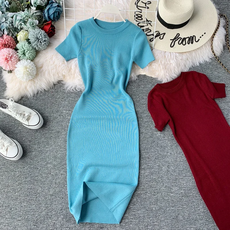 ZCWXM Sexy Dress Women Solid Bodycon Short Sleeve Summer Mini Dresses Slim O-neck Knitting Stretch Retro High Waist Vestido | Женская