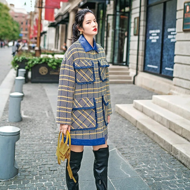 new winter high street female coat turn-down collar plaided patchwork PU leather and woolen big pockets coat F691