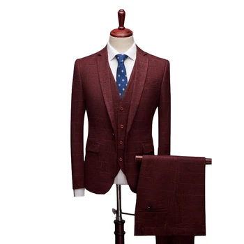 

British Style Man Wine Red Grid Slim Talicoat Hosted Stage Clothes Evening Party Banquet Man Three-piece Suit Man Fashion Blazer