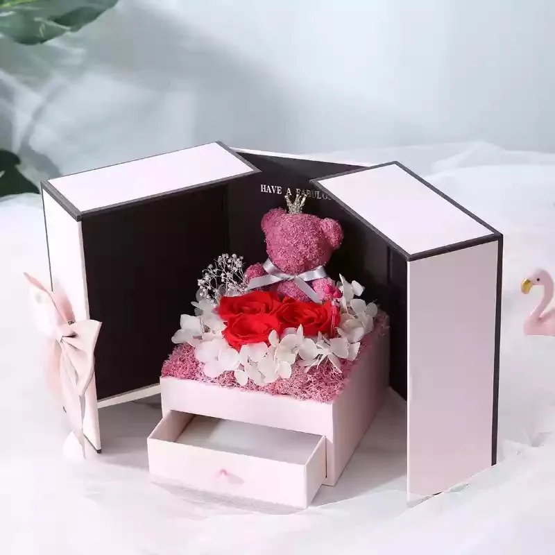 Valentine's Day Gifts Artificial Flowers Teddy Bear Rose Two Door Gifts Box Girlfriend Birthday Women Anniversary Wedding gifts - Color: Bear Red