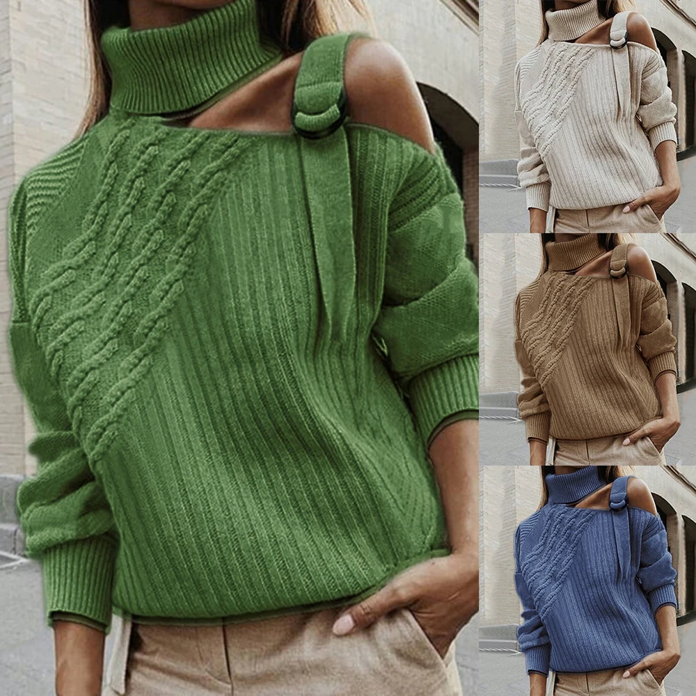 Женский лоскутный сексуальный свитер с открытыми плечами и пряжкой, теплый осенний пуловер, зимний свитер с длинным рукавом в рубчик, вязаные топы, джемпер