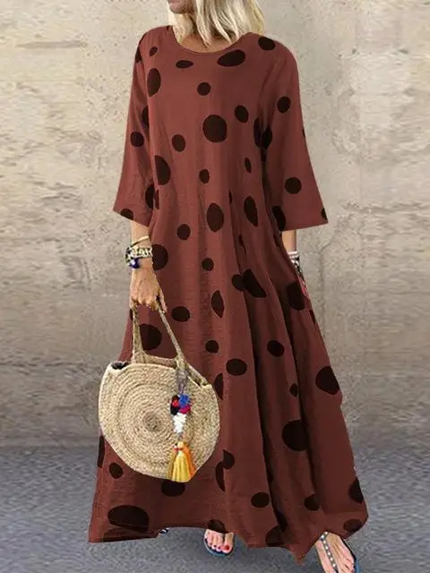 Осенне-зимние женские платья boho, хлопковое льняное платье большого размера, длинное платье макси с принтом в горошек размера плюс, Casaul Vestido - Цвет: Red wine