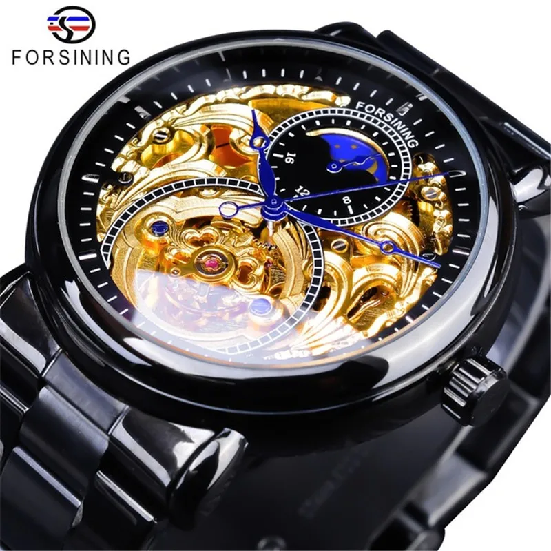 

Forsining Men Fashion Casual Varved Hollow out Moon Phase Steel Belt Analog Watch Automatic Machine Watch